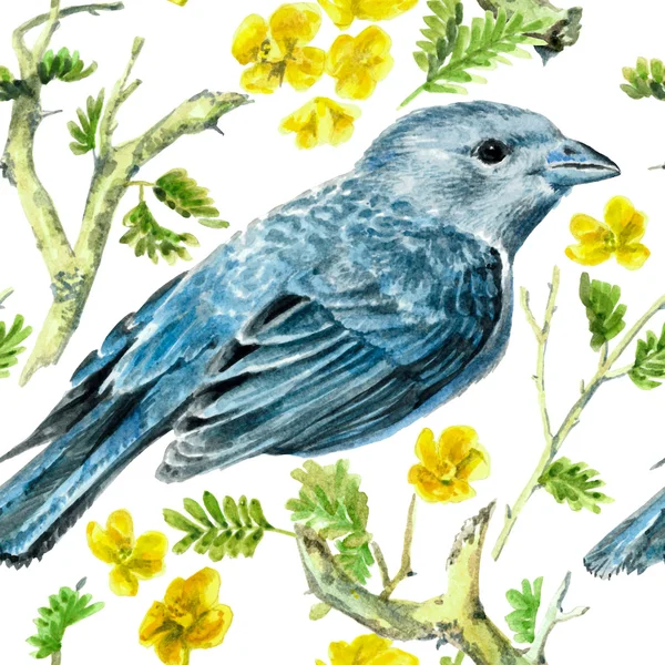 Watercolor blue bird on white background. Spring pattern