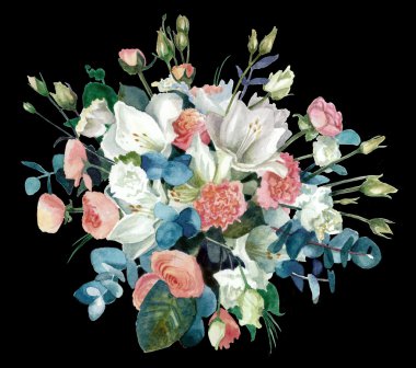 Amaryllis çiçeklerle, siyah arka plan üzerine düğünçiçekleri buket. Suluboya resim. Pastel renk