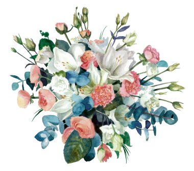 Buket çiçek nergis zambağı, düğünçiçekleri ve eustoma arka plandan kes şunu. Suluboya resim. Pastel renk