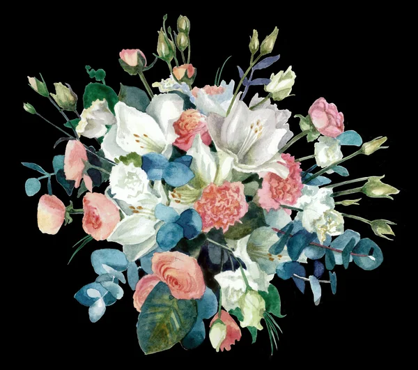 Kytici květin s Amarylis, pryskyřníky na černém pozadí. Akvarelu. Pastelové barvy — Stock fotografie
