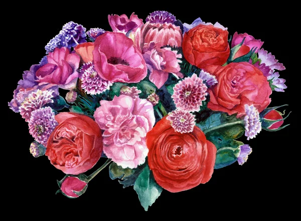 A bouquet of flowers in red and pink, on black background. Watercolor painting — Stock Photo, Image