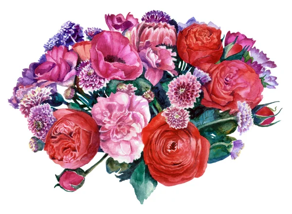 Um buquê de flores em vermelho e rosa, cortadas do fundo. Pintura aquarela — Fotografia de Stock