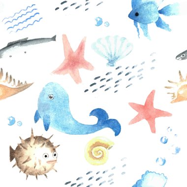 Balıklar yüzme ile suluboya desen