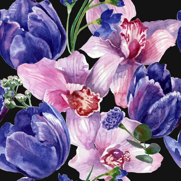 Floral patroon met tulpen en orchideeën geïsoleerd op zwarte achtergrond. Aquarel schilderij — Stockfoto