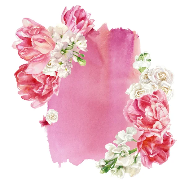 Composição floral contra o pano de fundo da coloração aquarela rosa, isolado em branco. Pintura à mão. Cores pastel — Fotografia de Stock