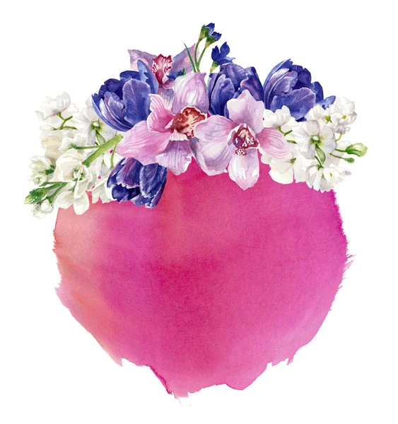 Virág kompozíció, a háttérben a rózsaszín akvarell kerek folt, elszigetelt fehér. Kézi festés — Stock Fotó