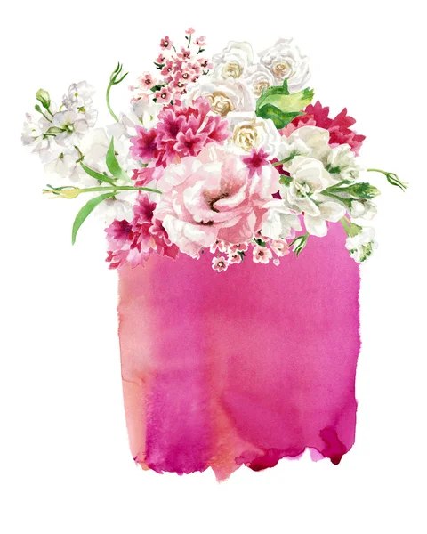 Samenstelling van de bloemen tegen de achtergrond van pink aquarel vlek, geïsoleerd op wit. Schilderij van de hand — Stockfoto