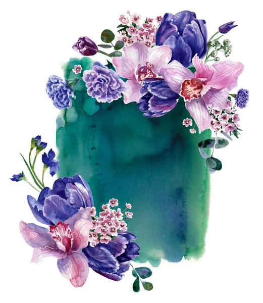 Composição floral contra o pano de fundo da coloração aquarela verde, isolado em branco. Pintura manual — Fotografia de Stock