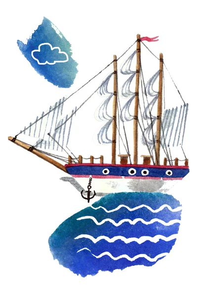 Simple ship. Watercolor painting on white background