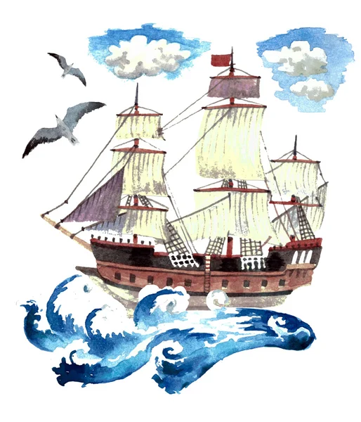 Großes Schiff auf der Welle. Aquarellmalerei — Stockfoto