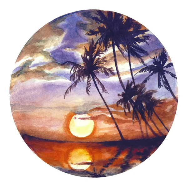 Watercolor landscape in a circle. Sunset with palm trees in an exotic location — Stock Photo, Image