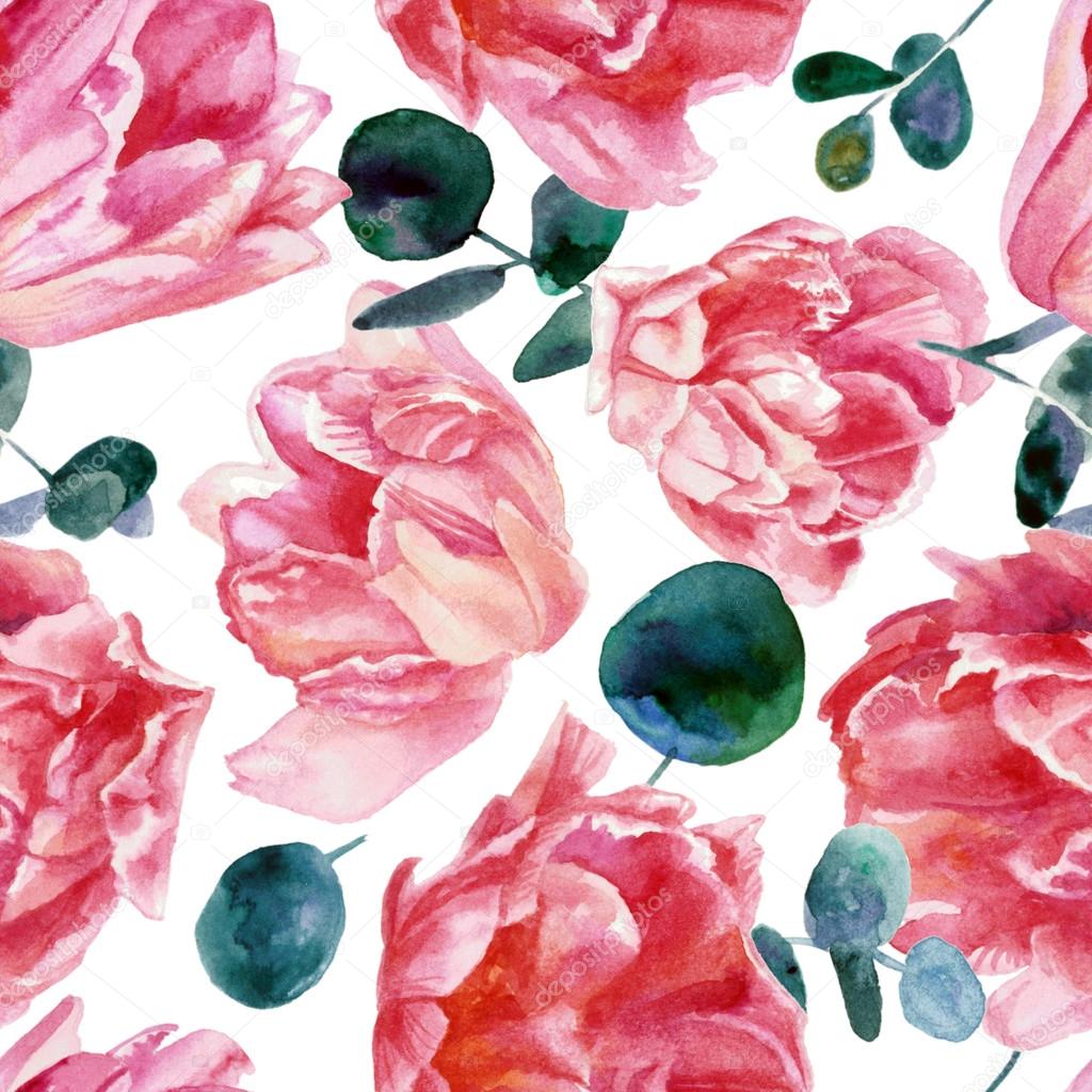 カラフルな花柄 ピンクのチューリップは 白い背景で隔離 水彩画 ストック写真 C Firsart