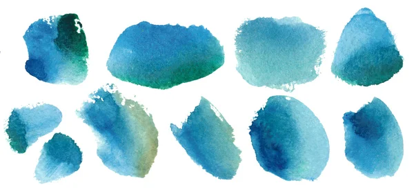 Aquarelle. Set avec des taches bleues sur papier aquarelle. Taches bleues abstraites sur fond blanc. Goutte d'encre . — Photo