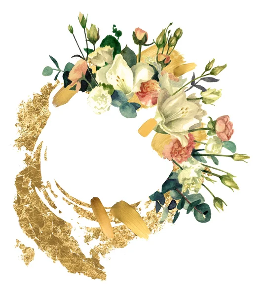 Buquê de flores com amarílis, buttercups e eustoma com decoração em ouro. Pintura aquarela . — Fotografia de Stock