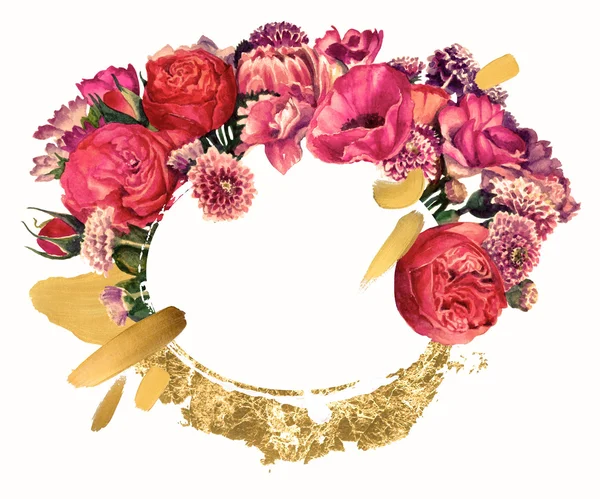 Een boeket van bloemen in rood en roze met goud decoratie op witte achtergrond. Aquarel schilderij — Stockfoto
