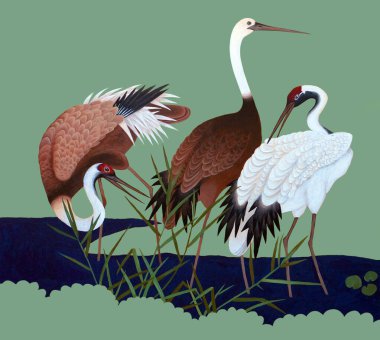 Turnalar yeşil arka planda sulu bir yerde, akrilik boyalarla resim yapıyorlar.