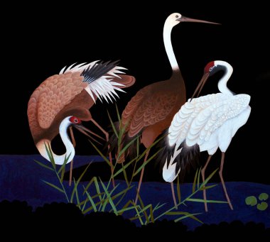 Turnalar, siyah bir zemin üzerinde sulu bir yerde, akrilik boyalarla resim yapıyorlar.