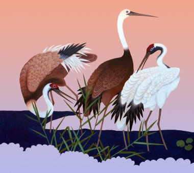 Renkli bir arka planda sulu bir yerde turnalar, akrilik boyalarla resim yapıyorlar.