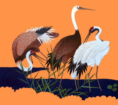 Turuncu arka plandaki su tesislerinde turnalar, akrilik boyalarla resim yapıyorlar.