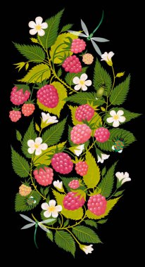 El yapımı ahududu süsü siyah arka planda izole edilmiş. Sıcak renklerde sanat resmi