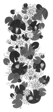 Nilüfer resimli sanatsal bir süs. Beyaz arkaplanda tek renkli resimleme.