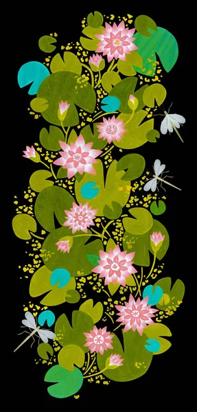 Artistieke Ornament Met Het Beeld Van Waterlelies Illustratie Zwarte Achtergrond — Stockfoto