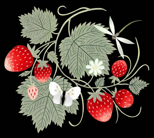 手绘草莓饰品 黑色背景隔离 冷色的艺术绘画 — 图库照片