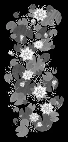 Nilüfer resimli sanatsal bir süs. Siyah arkaplanda tek renkli resimleme.