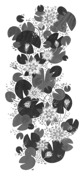 Nilüfer resimli sanatsal bir süs. Beyaz arkaplanda tek renkli resimleme.