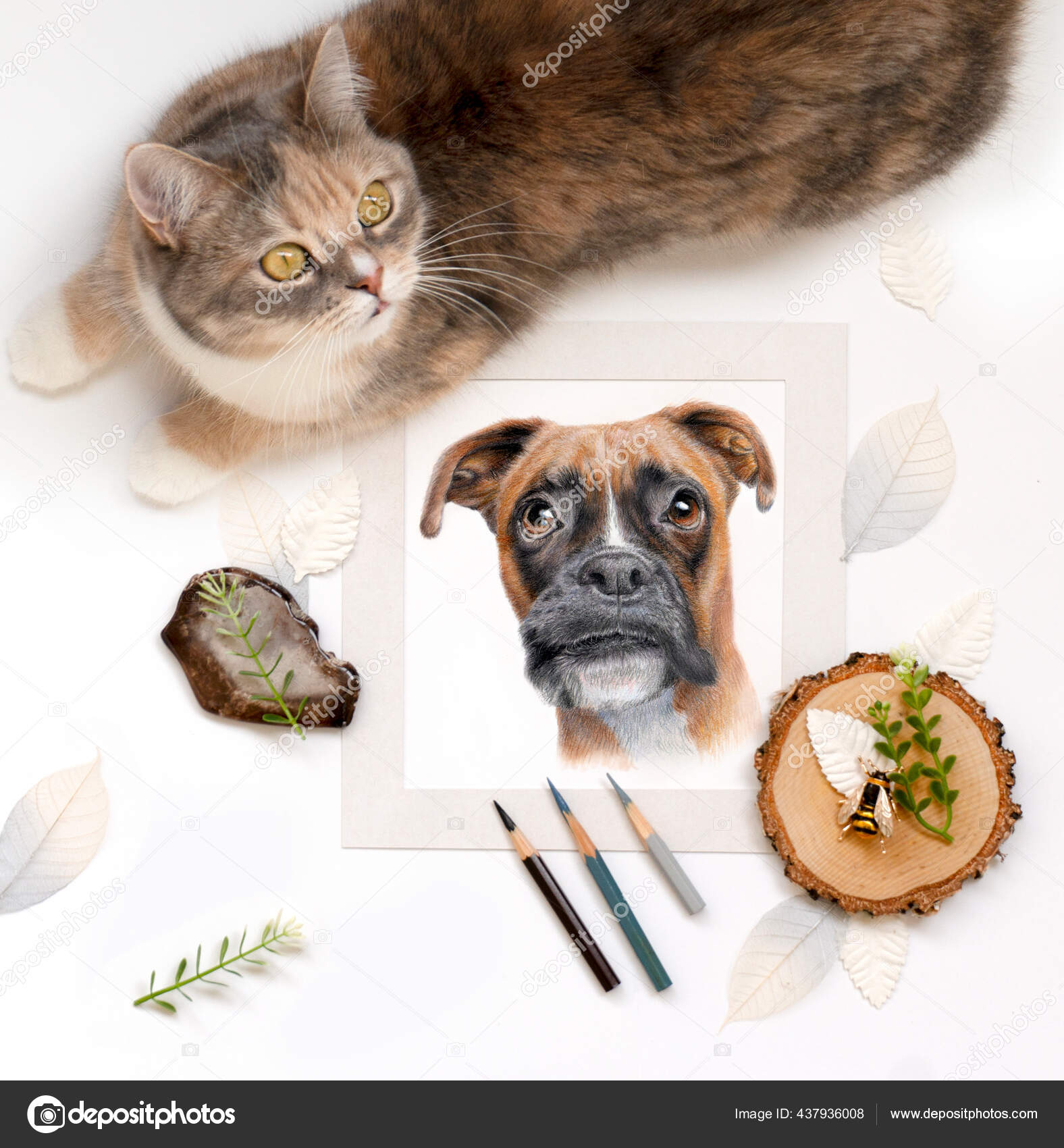 Workplace Artist Art Materials Cat Table Portrait Dog — Stock Photo