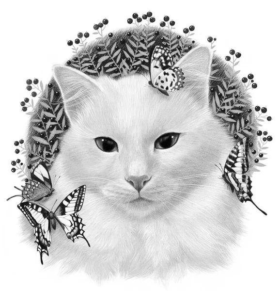 现实的彩色肖像 白色的猫与花卉装饰和蝴蝶 以白色背景为背景 — 图库照片
