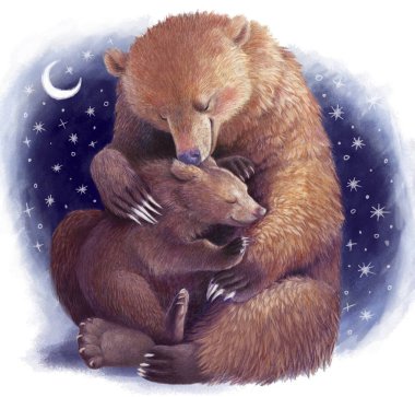 Mother bear hugs the bear cub. Realistic colored hand drawing. Illustration with stars about motherhood. Mothers Day. clipart