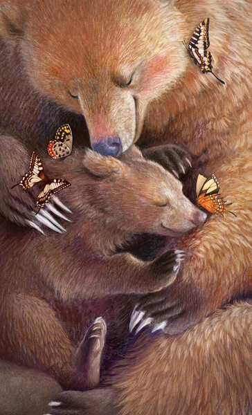 母熊は子熊を抱きしめる 現実的な色の手描き 母親についての蝶のイラスト 母の日 — ストック写真