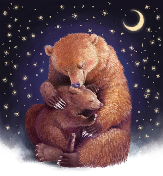 Mother bear hugs the bear cub. Realistic colored hand drawing. Illustration with stars about motherhood. Mothers Day.