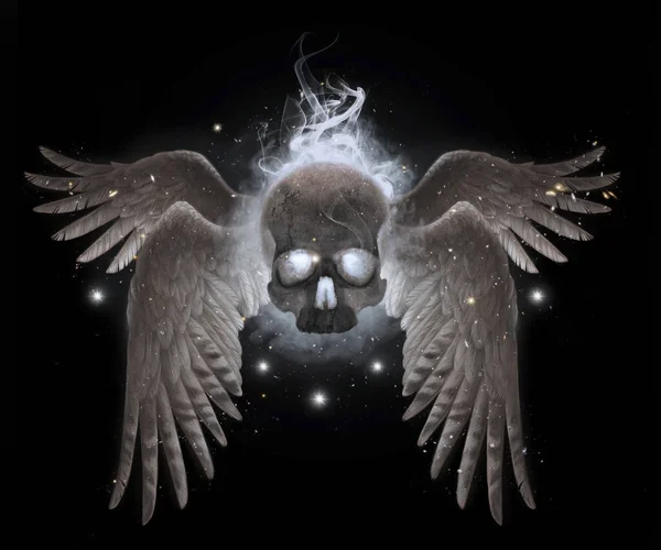 Flying Human Skull Wings Smoke Realistic Illustration Isolated Black Background — Stock Photo, Image