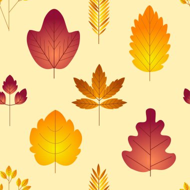 Sarı ve kırmızı sonbahar yapraklı desen açık arkaplanda. Renk olarak basit vektör illüstrasyonu.