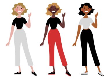 Kıvırcık saçlı bir grup kız. Basit renk vektörü çizimi.