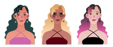 Üç kızla çekilmiş bir fotoğraf seti. Beyaz arkaplanda izole edilmiş kadınların olduğu renkli vektör illüstrasyonu.