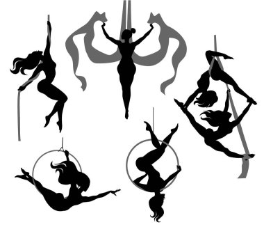 Set with gymnasts on aerial silks, on a ring, on a rope. Simple vector monochrome illustration clipart