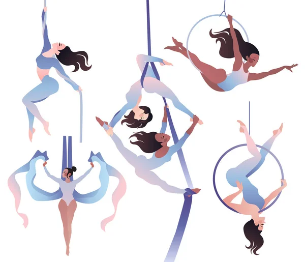 Conjunto con gimnastas en sedas aéreas, en un anillo, en una cuerda. Ilustración simple del color del vector — Vector de stock