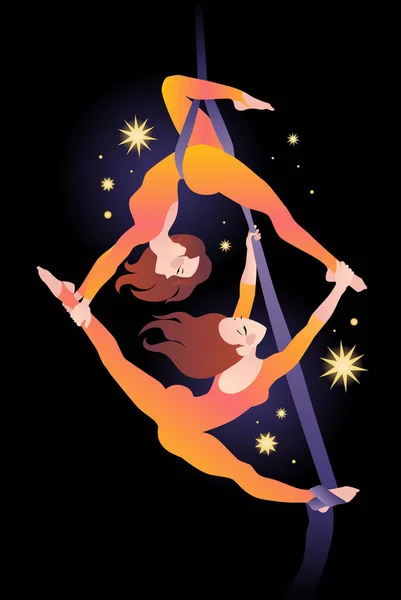 Две девушки гимнастки на воздушном шелке на фоне ночного неба и звезд. Простая цветовая векторная иллюстрация — стоковый вектор