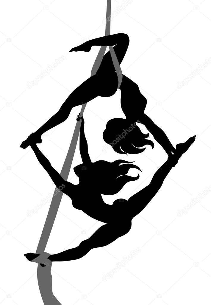 Two girls gymnasts on aerial silks. Simple vector monochrome illustration