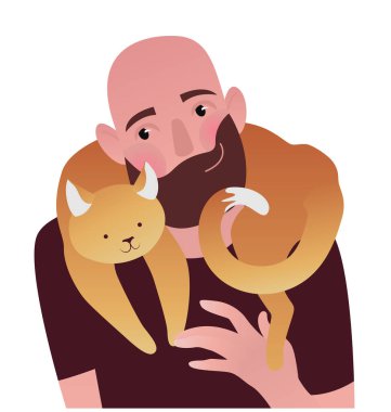 Omuzlarında kedisi olan bir adam. Renkli vektör illüstrasyonu