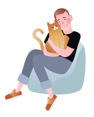 Kollarında kedisiyle sandalyede oturan bir adam. Renkli vektör illüstrasyonu