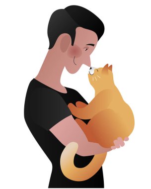 Kollarında kedisi olan bir adam. Renkli vektör illüstrasyonu