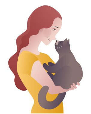 Kollarında kedi olan bir kız. Renkli vektör illüstrasyonu