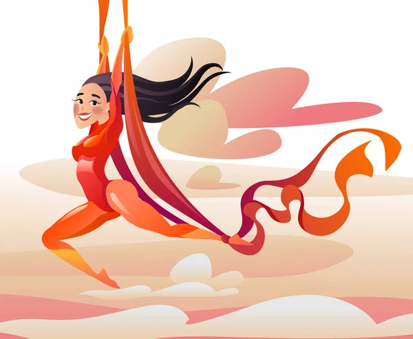 Акробат на воздушных шелках. Летающая девушка на фоне неба и облаков. — стоковый вектор