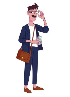 Gözlüklü ve evrak çantalı yetişkin bir adam. Renkli vektör karikatür çizimi. Çizgi film karakteri.