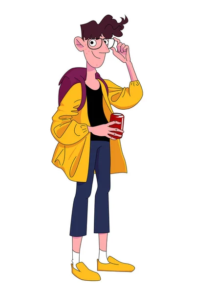Adolescente com óculos e um casaco amarelo. Desenho animado vetorial colorido. Personagem dos desenhos animados. —  Vetores de Stock