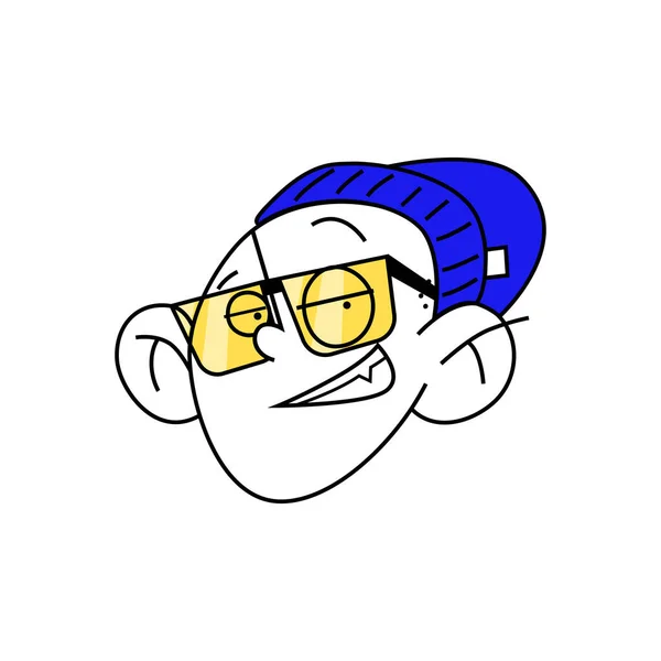 Un personaggio dei cartoni animati, la testa di un tipo figo con gli occhiali. Illustrazione vettoriale a colori su sfondo bianco. — Vettoriale Stock